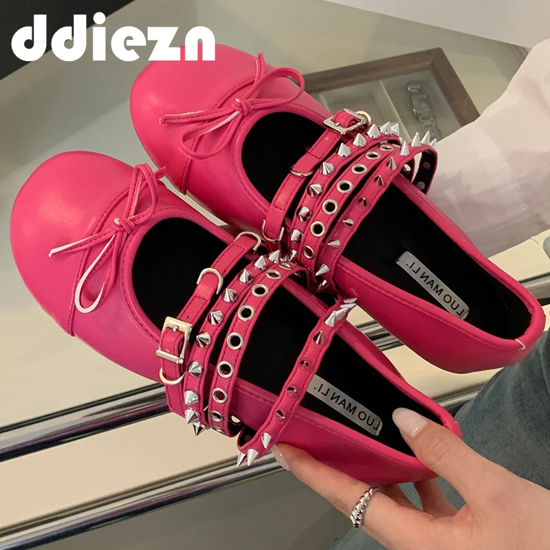 2024 Ladies Ballet Flats Women Lolita Shoes Casual Summer Rivet New Footwear Fashion Mary Jane Butterfly-knot Female Flats Shoes