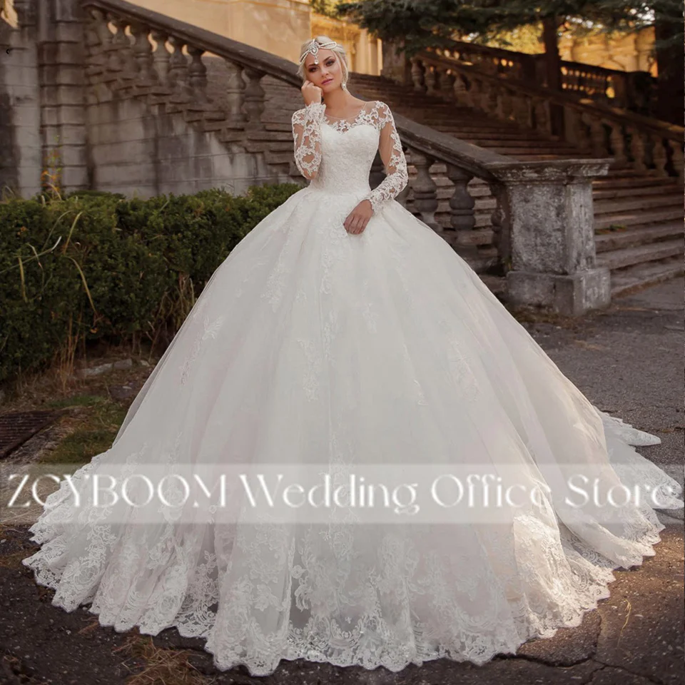 فساتين زفاف أنيقة مخصصة عاجية بأكمام طويلة 2025 رقبة سكوب مطرزة دانتيل العروس فستاين سهرة/فساتين الحفلات Vestidos De Novia