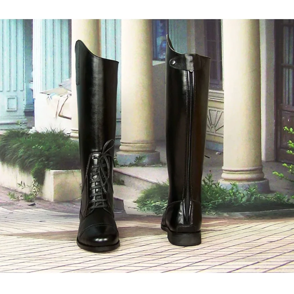 

New Fashion Men's Genuine Leather Thigh High Equestrian Boots Horse Riding Boots Lace-up Cowboy Mountain Knee High Boots Zip