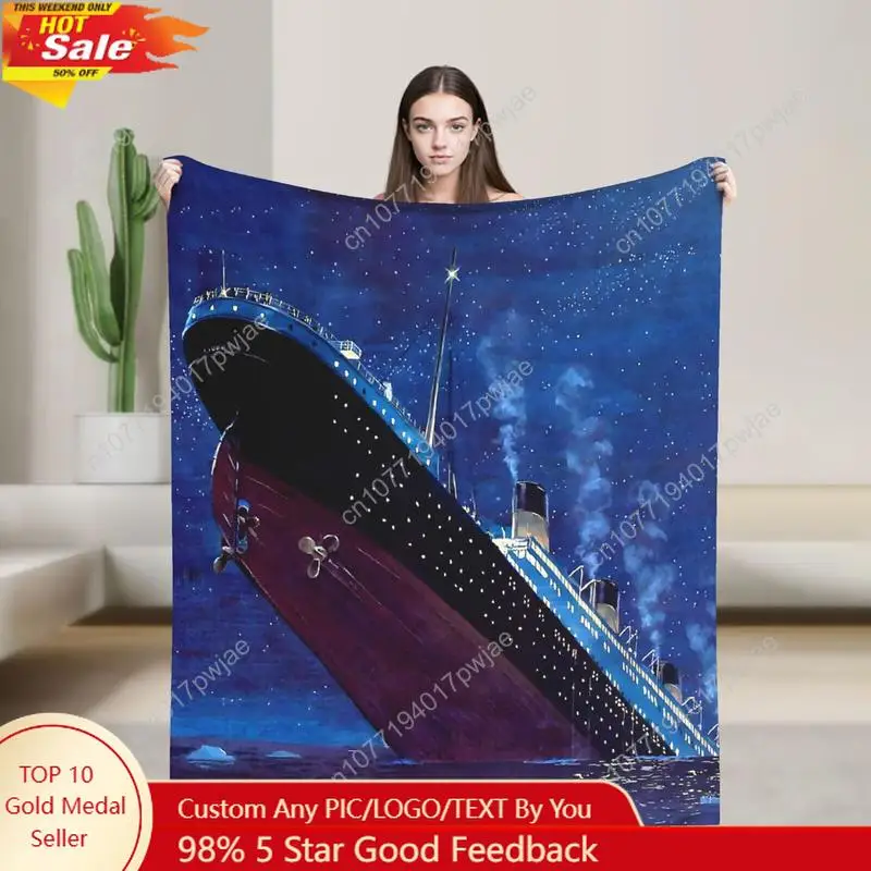 Ship Sinking Movie Fleece Blanket, Vintage Ocean Voyage Cruise Ship Print Lightweight Throw Blanket Soft Cozy Bedroom Couch Sofa