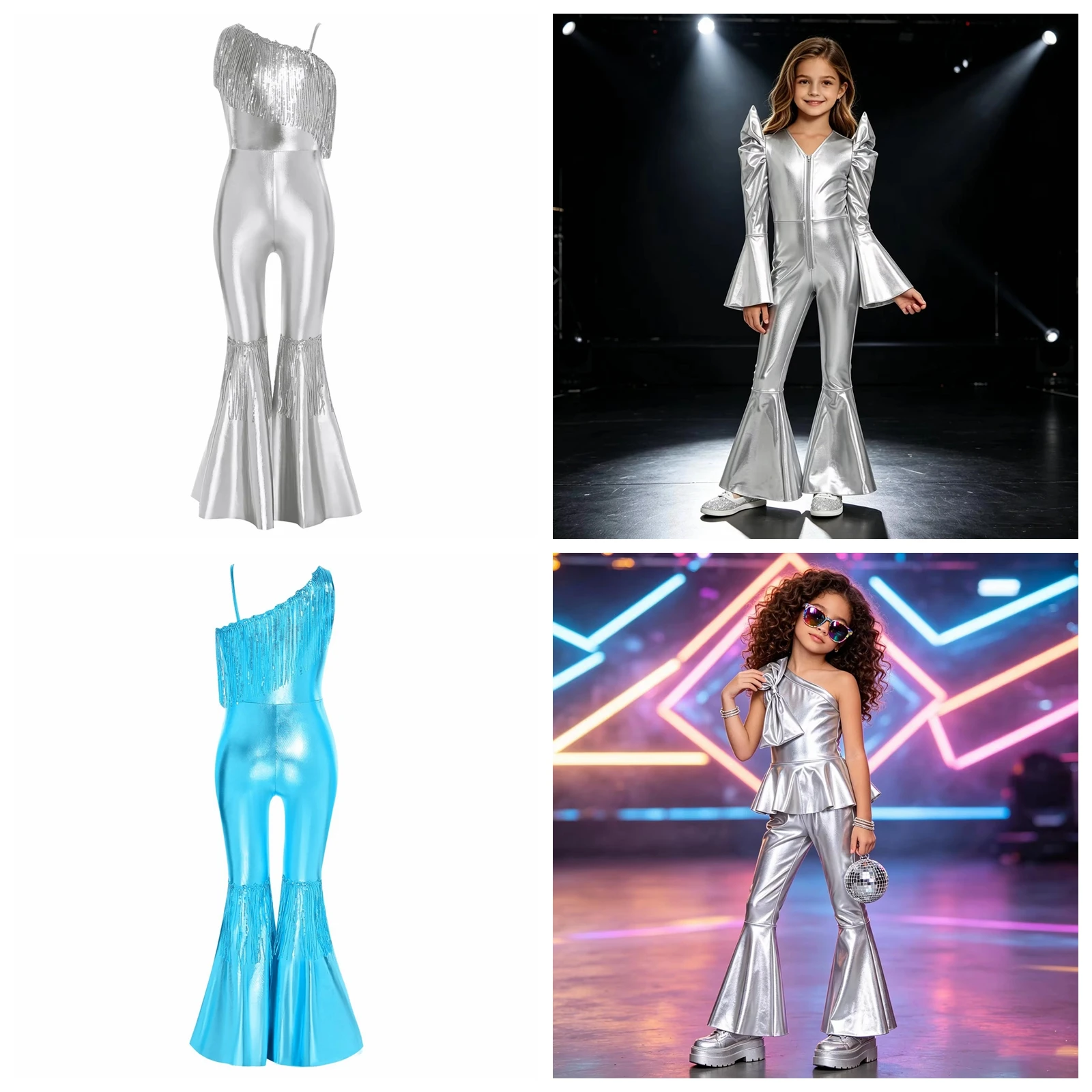 

Kids 80s 70s Disco Bell Bottom Featival Clubwear Fashion Girls Hippie Costume Flares Jumpsuit Shiny Metallic Sparkly Romper