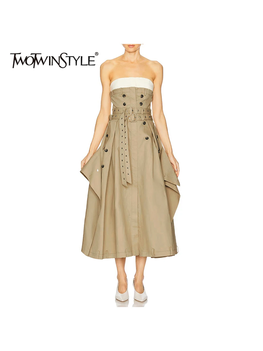 

TWOTWINSTYLE Solid Spliced Button Slimming Dresses for Women Strapless Sleeveless High Waist Temperament Dress Female Fashion
