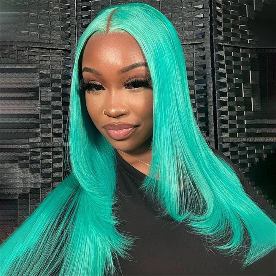 30 40 inch 13x6 Mint Green Lace Front Human Hair Wigs For  display picture 1