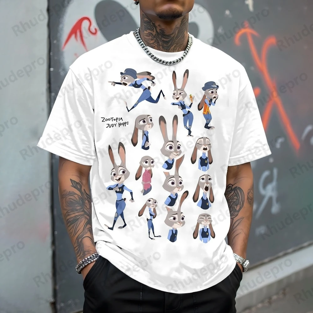 

Disney 2025 New Men's T-Shirt Zootopia Fun Print Round Neck Summer Casual Vintage Short-Sleeved Children's Cartoon Daily T-shirt