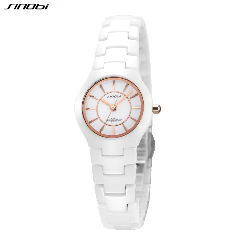 SINOBI Fashin White Ceramic Strap Woman Watches New Top Luxury Stainless S Ladies Quartz Wristwatches High Quality Women\'s Clock