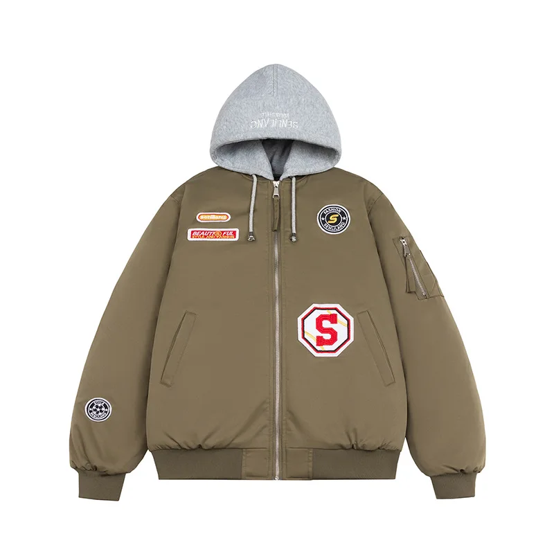 

Autumn Winter Bomber Jacket Men Vintage Pilot Jacket Military Flight Coat Women Embroidery Badge American Retro Hooded Pocket