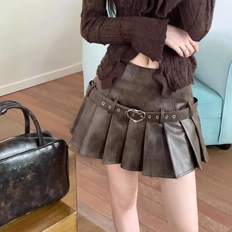 

Deeptown Vintage Pleated Leather Skirt Women Y2k Gothic Mini Skirts Punk Korean Style Retro Solid Grunge Short Skirts Streetwear