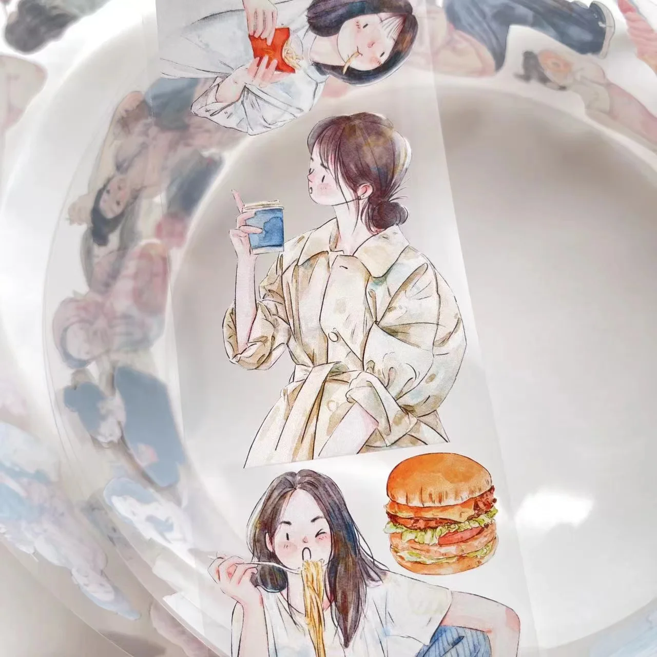 Vintage Eating Drinking Girl Washi PET Tape Planner DIY Card Making Scrapbooking Plan Decorative Sticker