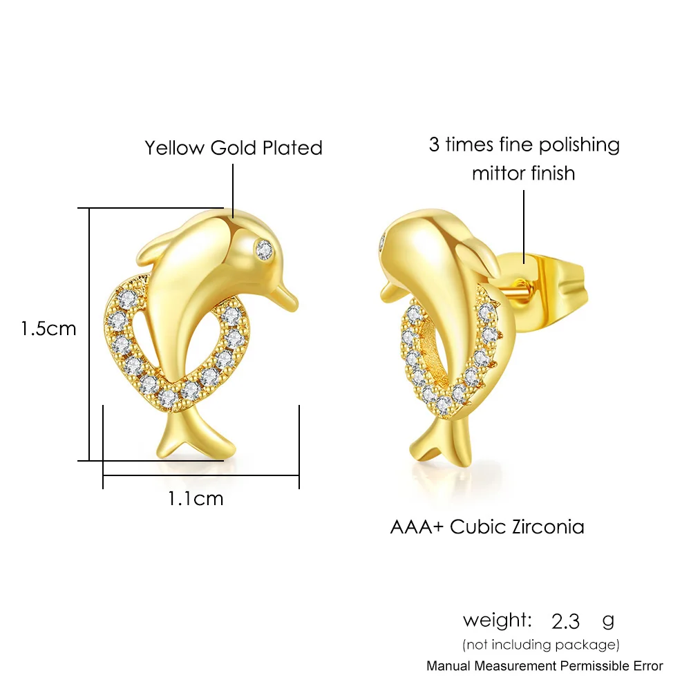 Cute Dolphin Stud Earrings for Women Kawaii Gold Color Heart Cubic Zirconia Cartilage Ear Accessories Fashion Jewelry Gifts E424