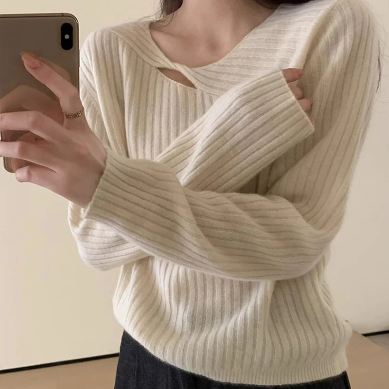 

Hollow Out Pullover Sweater For Women Spring Autumn O-neck Long Sleeve Bottoming Tops Casual Solid Female Knitshirts Outerwear