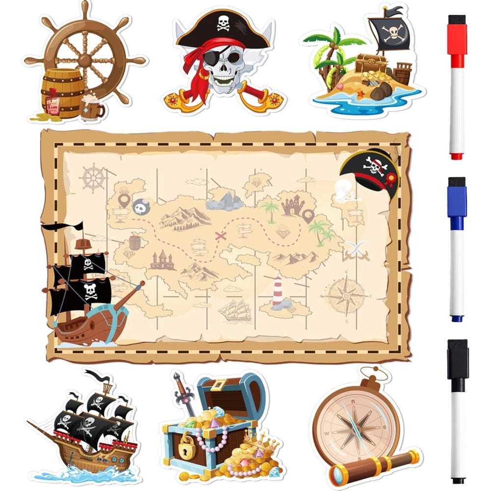 Pirate Treasure Map Cruise Door Magnets 7PCS, Nautical Cabin Fridge Decor Magnets, Include 3 Erasable Pens