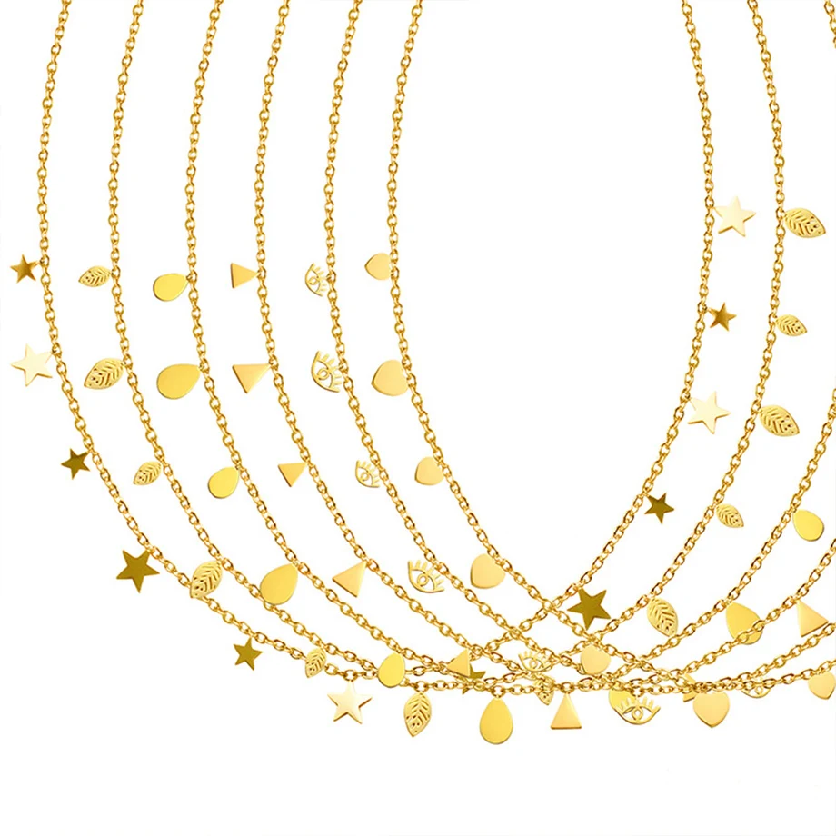 CSJA Stainless Steel Choker Gold Color Chain Necklace Heart Moon Star Charm Link Necklaces for Women Jewelry S762