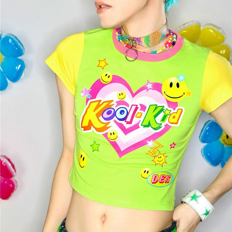 Women Tees Pulovers Love Heart American Retro Millennium Girls 2024 Summer Kawaii Y2K Colorful Short Sleeve T-shirt Green Top