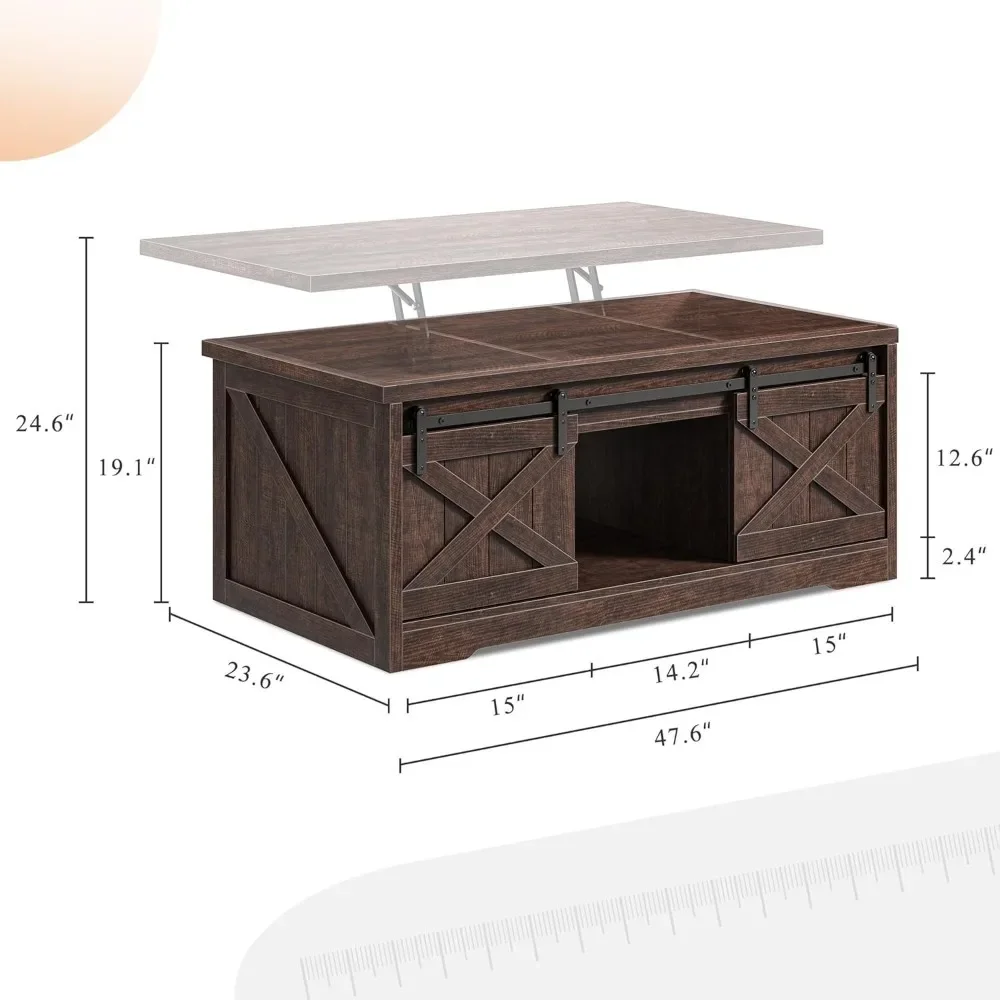 Grande mesa de café de madeira para sala, mesa retangular durável marrom, levantável