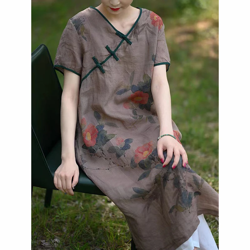 

Летнее женское свободное платье в китайском стиле с v-образным вырезом и коротким рукавом, улучшенное винтажное длинное платье Ципао с цветочным принтом Рами, хорошее качество