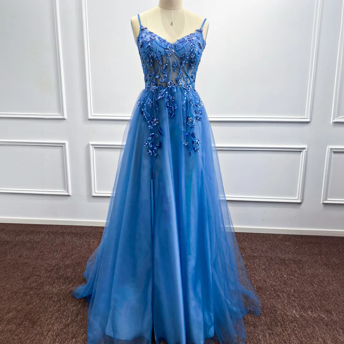 A Line Soft Tulle Blue Evening Dresses High Split Strapless Illushion Sleeveless Cocktail Party Prom Gowns Custom Made Vestidos