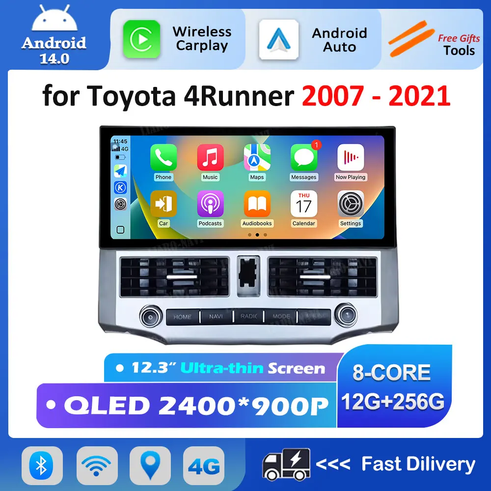 for Toyota 4Runner 2007 - 2021 Wireless Carplay Android 14 Split Screen Car Video Multimedia Player Navigation GPS BT Auto Tools