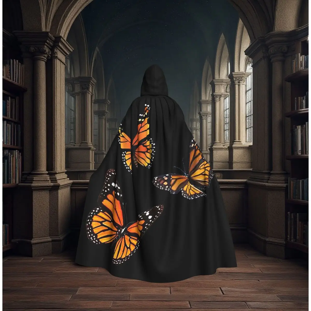 

Gothic Monarch Butterfly Wing Orange Wings And Golden Long Hooded Cloak Witch Medieval Costume Cosplay Cape HalloweenVampire