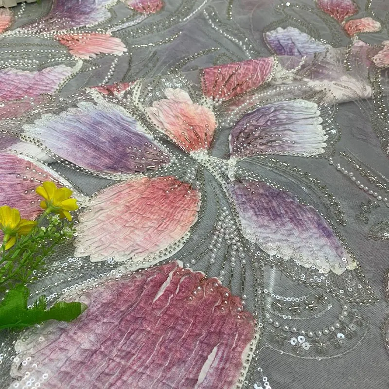 90x125cm Farbig bedruckter Paillettenstoff, Perlenbestickter Tüllstoff, DIY-Nähmaterial, Netzstoff für Bekleidung – Detail 6