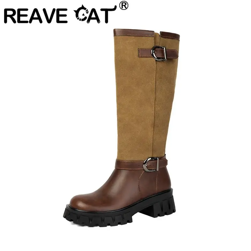 REAVE CAT Black Women Knee High Boots Round Toe 5cm Chunky Heel 2.5cm Platform Slip On Splicing Plus Size 41 42 43 Vintage Botas
