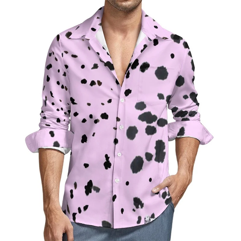 Cute Dalmatian Print Casual Shirt Men\'s Puppy shirt Autumn Fashion shirt Long sleeve top