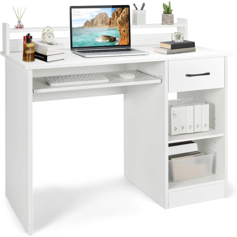 White Desk with Drawer & Keyboard Tray, 22 Inch Wide Modern Study Writing Desk with Desktop Hutch & Storage Shelves