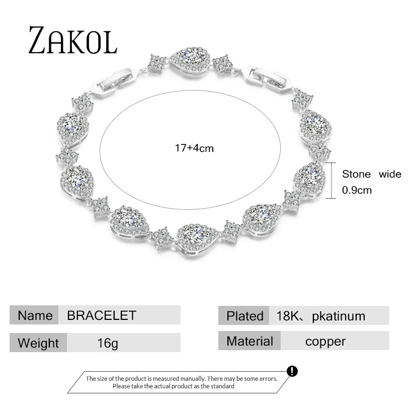 ZAKOL Trendy White Gold Color Cubic Zirconia Stone Big Water Drop Shape Bracelet & Bangle For Women Party Jewelry FSBP2014