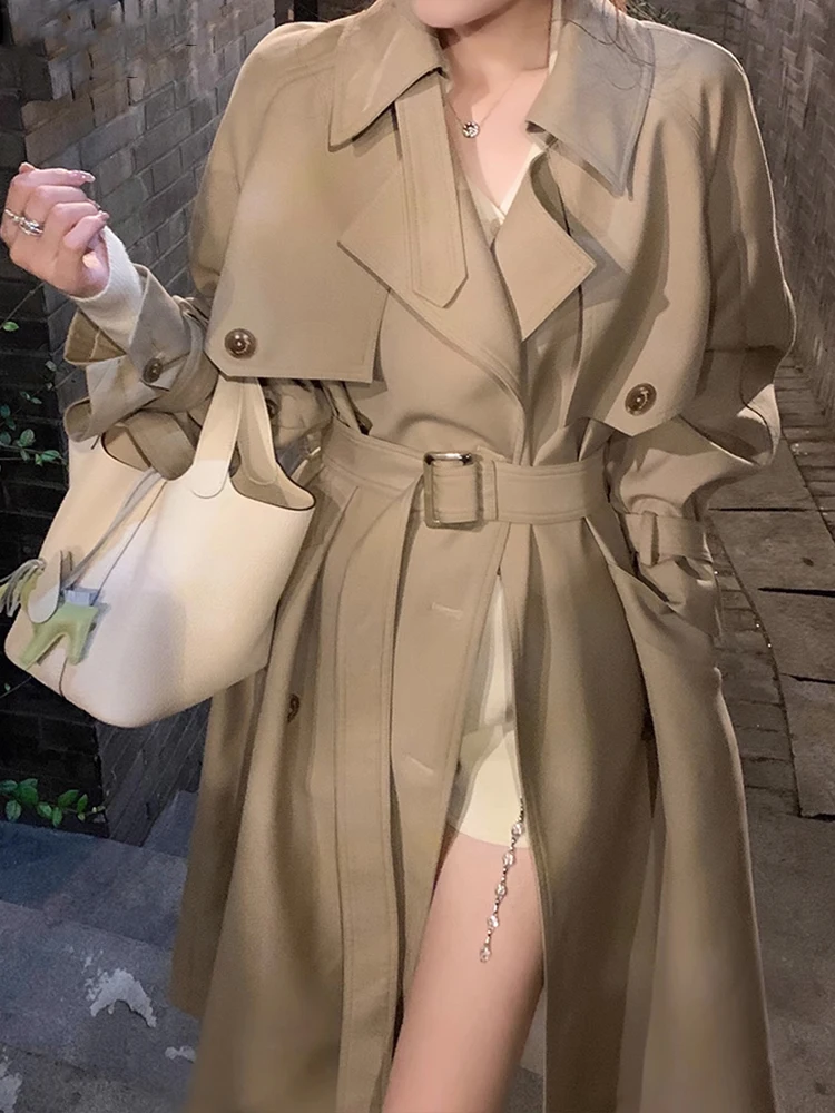 

Khaki Trench Coat Women Autumn Casual Long Sleeve Long Windbreaker Female Korean Fashion Elegant Double Breasted Belt Outerwear