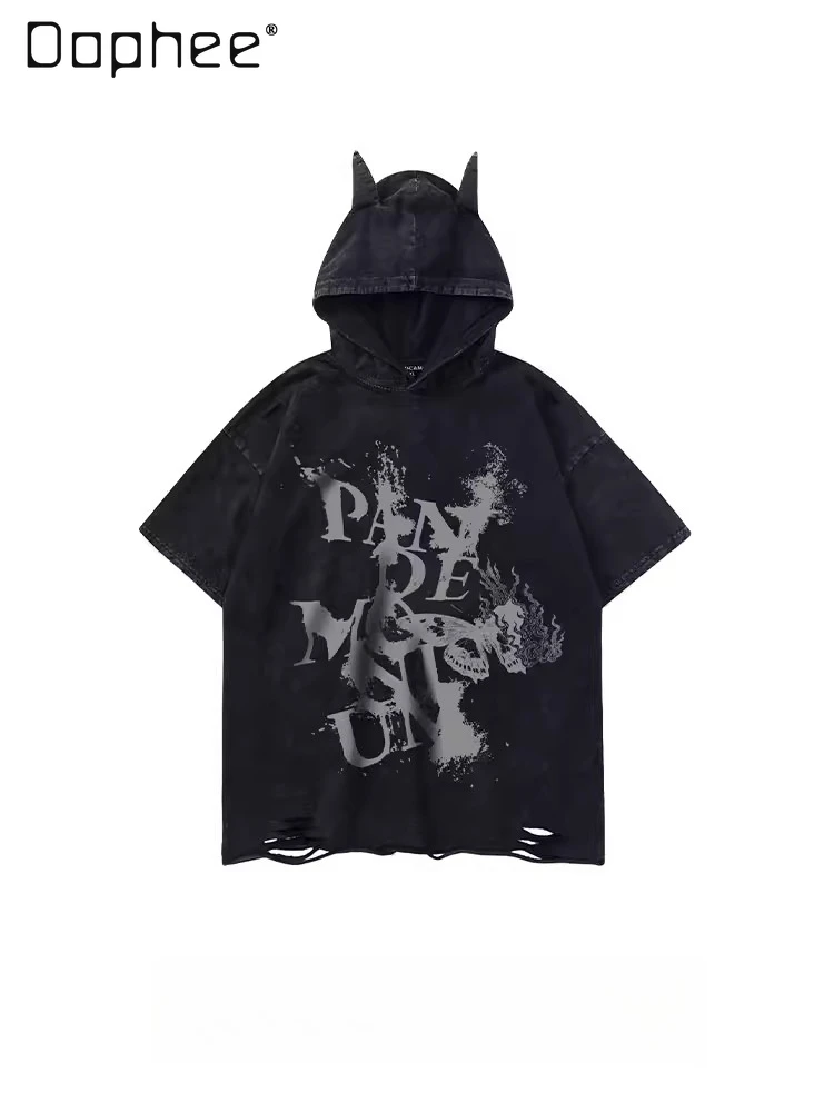 

Summer New American Dark Gothic Hip-hop Style Men's Black and White Washed Letter Print Ripped Short-sleeve Hooded T-shirt