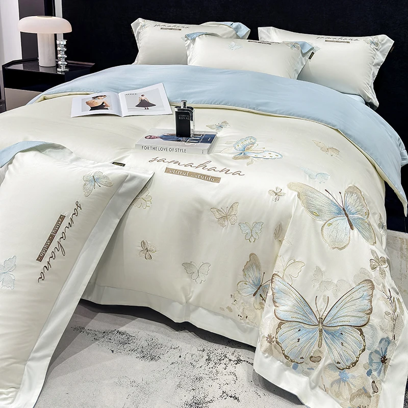 

High Quality 100% Cotton Luxury Butterfly Embroidery Bedding Set Egyptian Cotton Duvet Cover Bed Sheet/Fitted Sheet Pillowcases