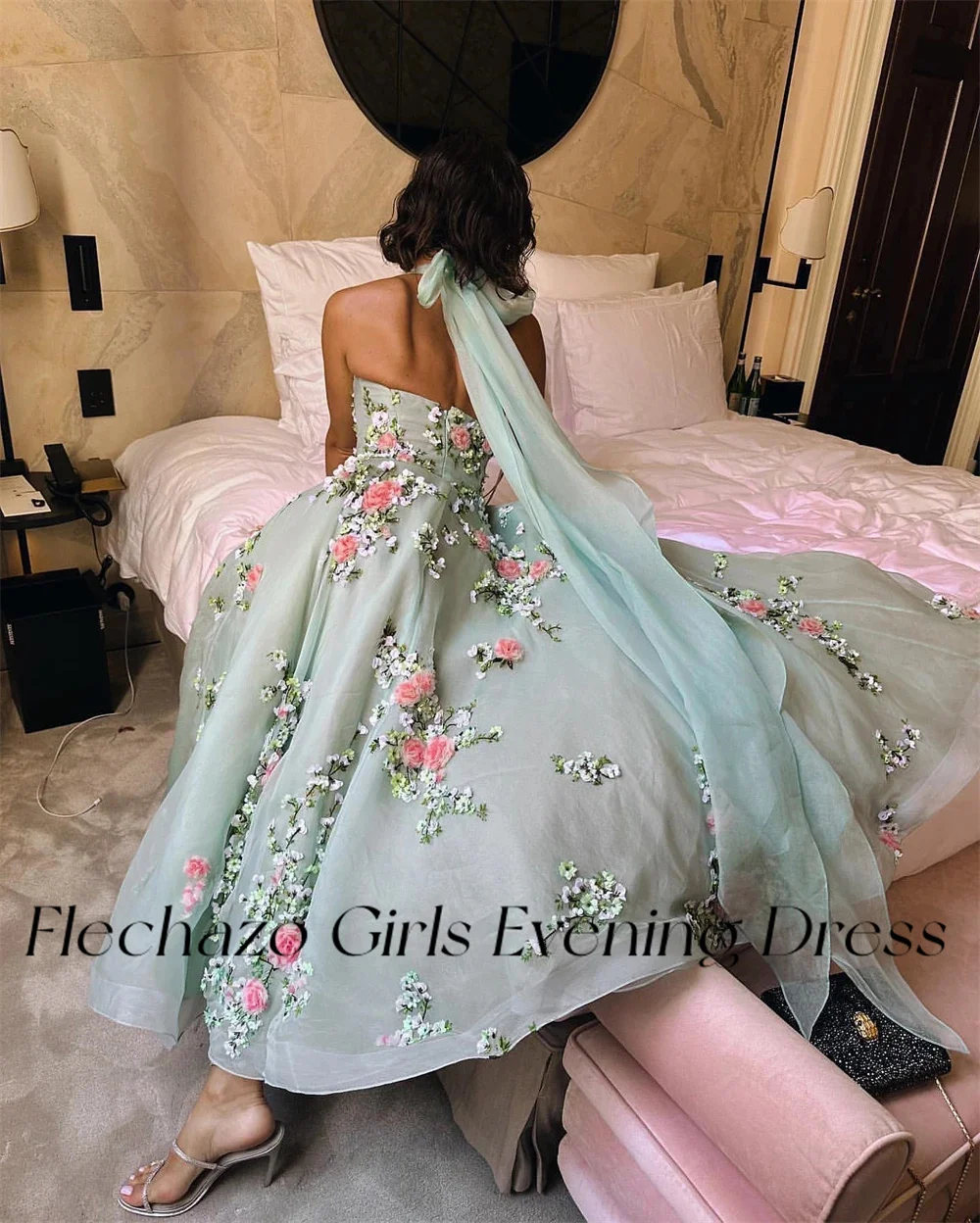 Flechazo Mint Green Homecoming Dresses Halter-Neck Open Back Flower Formal Occasion Dress For Women 2024 فساتين quinceanera