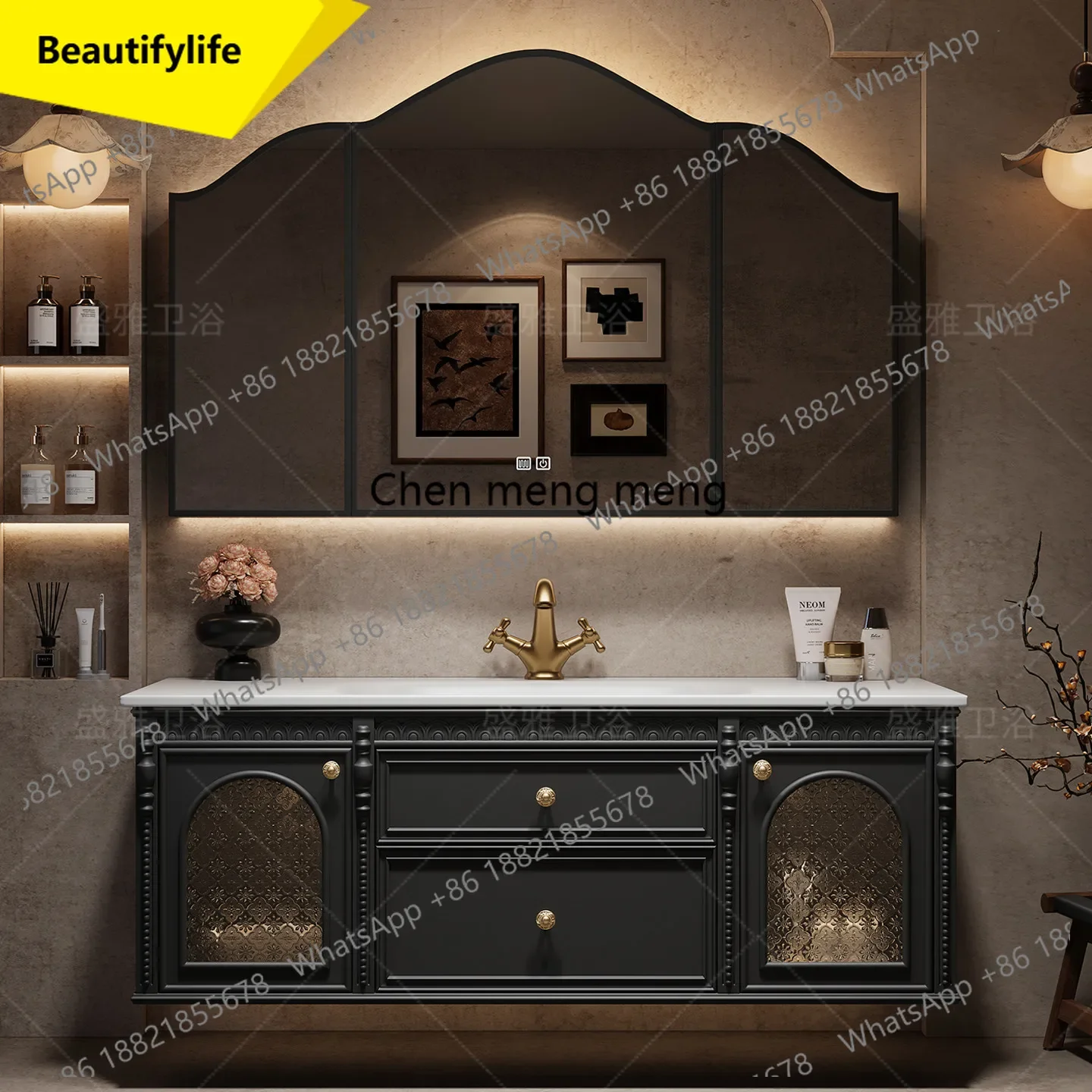 

6239 Oak paint French retro bathroom cabinet combination rock slab integrated washbasin cabinet