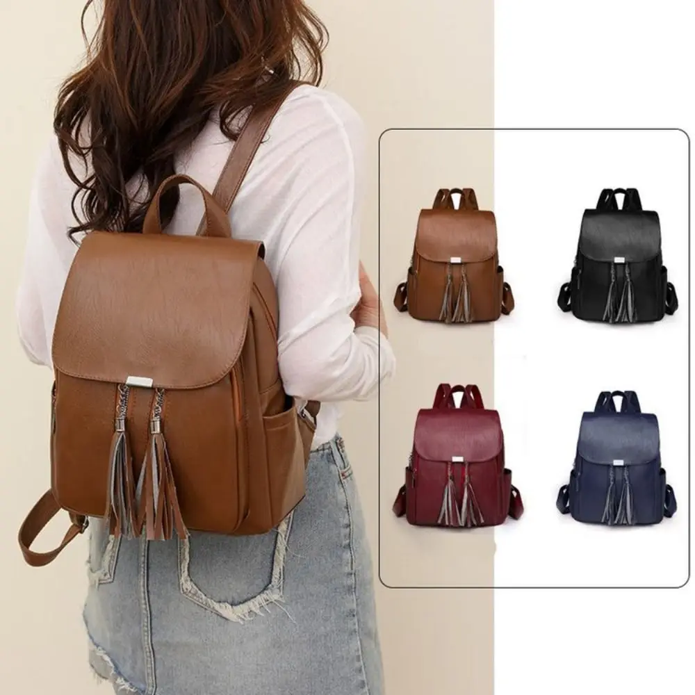 Mochila De cuero suave para mujer, bolso de hombro de viaje de gran capacidad, borla de lujo, a la moda, de alta calidad, novedad