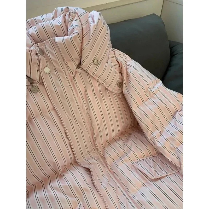 Women's Winter Tops Jacket Cotton Coat Striped Hooded Thickened Warm Vintage Simple Comfortable Leisure Fashion Niche Versatile