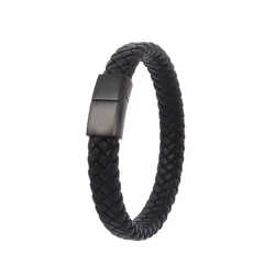 Fashionable Black Hand Woven Leather Bracelet Men's Business High Quality Casual Bracelet Metal Magnetic Clasp Jewelry Gift