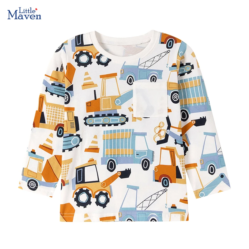 Little Maven Kinderkleidung 2026 Herbst Frühling Cartoon Bagger Langarm T-Shirt Baumwoll-Oberteile Baby Jungen Kinderkleidung