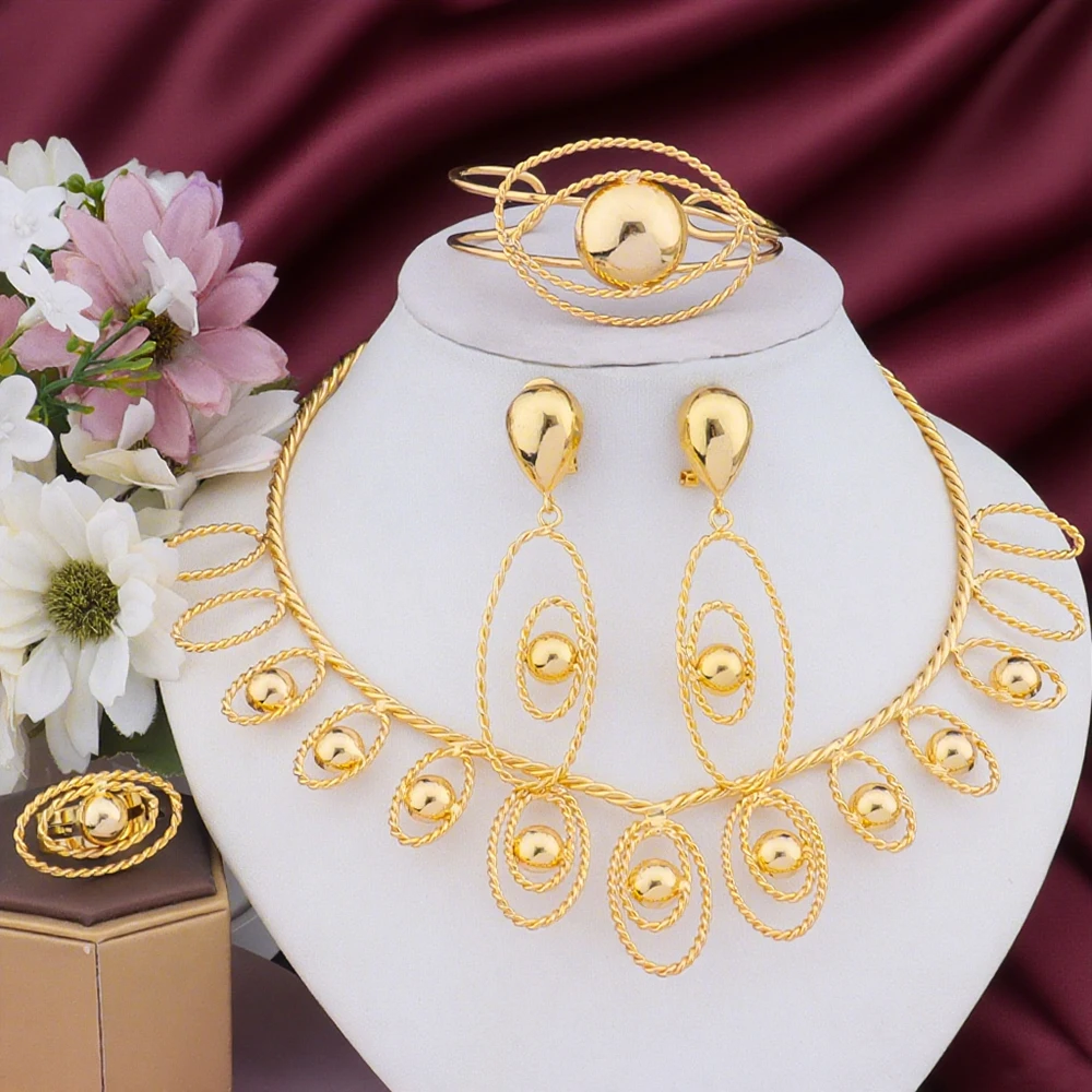 

Indian Dubai Gold Color Jewelry Sets For Women Earrings Pearl Necklace Bangle Ring Moroccan Bridal Wedding Party Gift Set