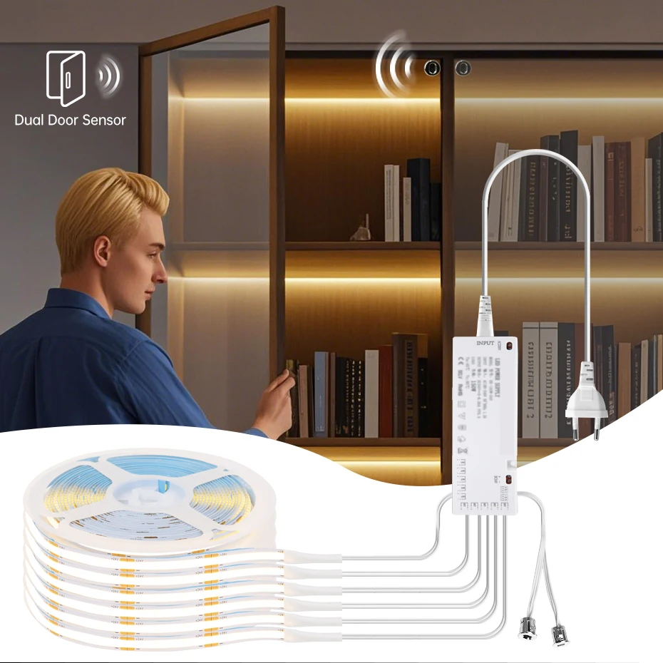 

Dual Door Sensor 12V COB LED Cabinet Strip Lights with EU AU UK US plug Door Proximity Induction Switch Showcase Wardrobe Lamp
