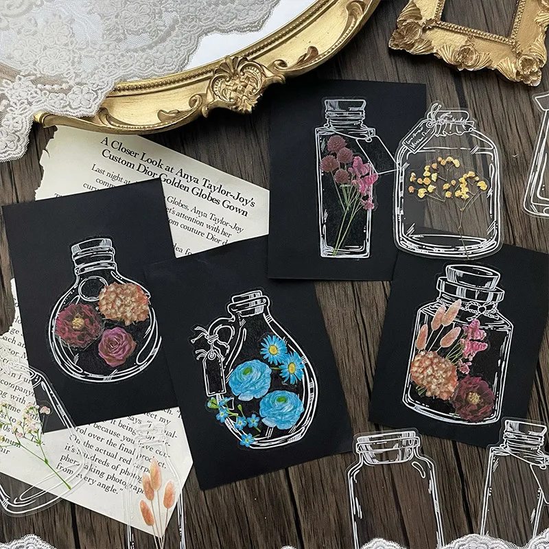 30 pcs Clear glass bottle sticker Kawaii transparent waterproof PET material Adhesive Diy Sticker for Decorative Scrapbooking