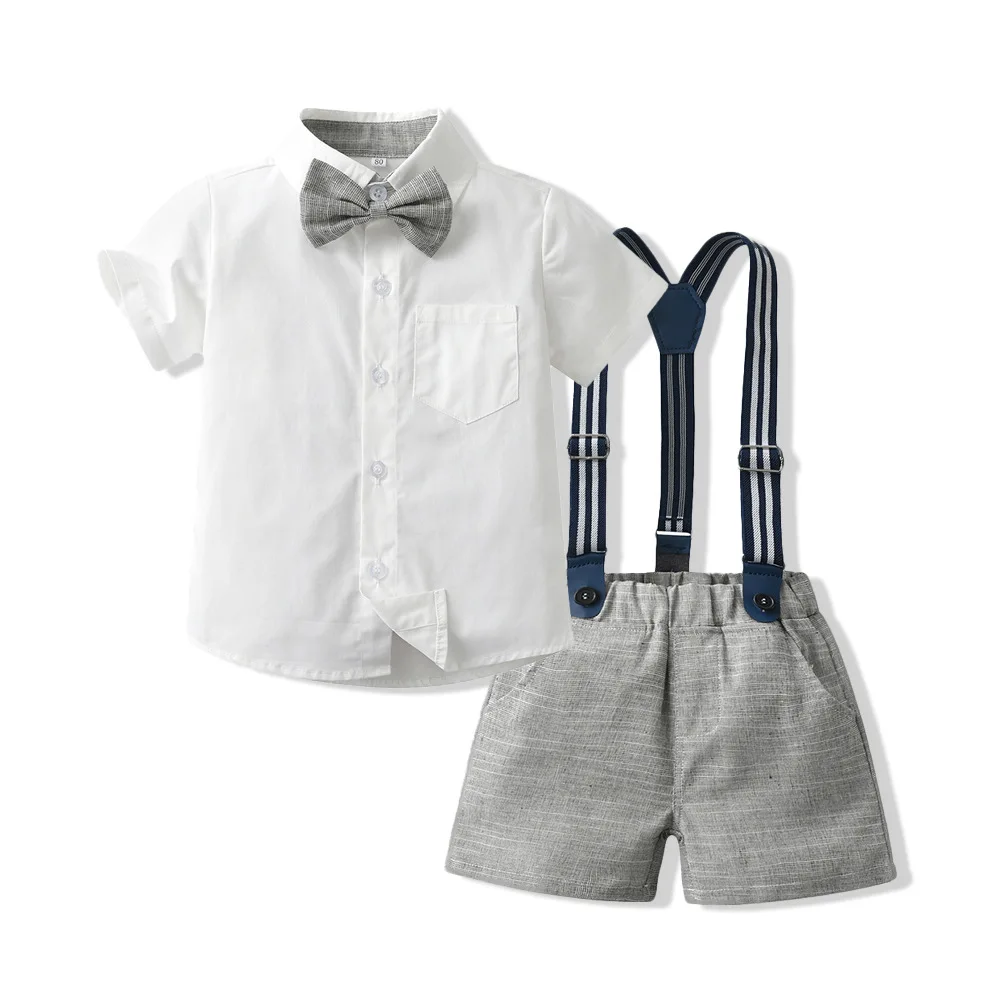 Kids Summer Formal Toddler Baby Boy Gentleman Wedding Cotton Button Down Outfits Short-sleeved Shirt Bow Tie Suspender Pant Suit 3