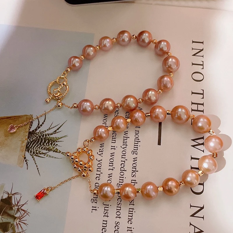 

New 9-11mm Pink Purple Natural Freshwater Pearl Bracelet Fashion Simple Bracelet for Girlfriend with 14K Gold Filled OT Clasp