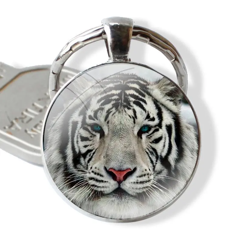 Keychain Handmade Glass Cabochon Key Ring Holder Pendant Key Chains White Bengal Tiger