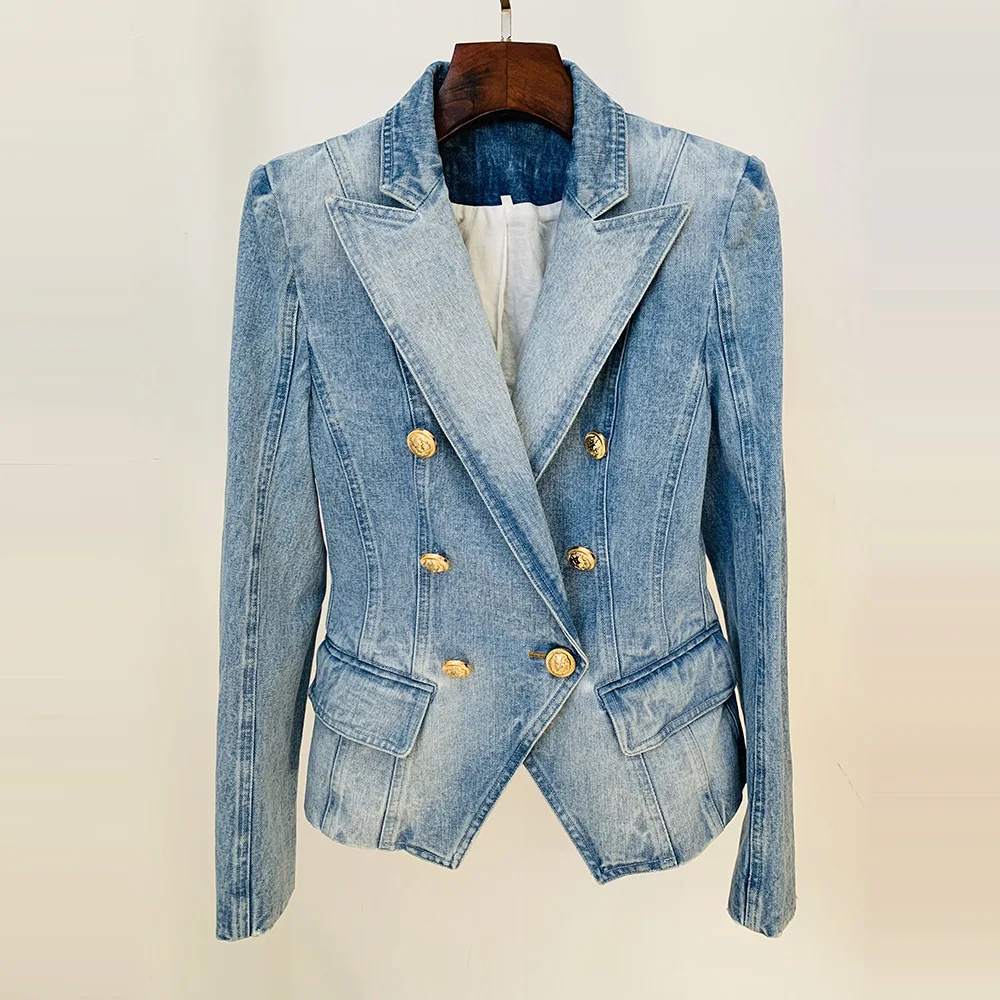 S-5xl Plus Size Women Jacket Double Breast Slim Short Denim Jacket Streetwear Work Office Water Wash Jean Blazer Outwear Blue