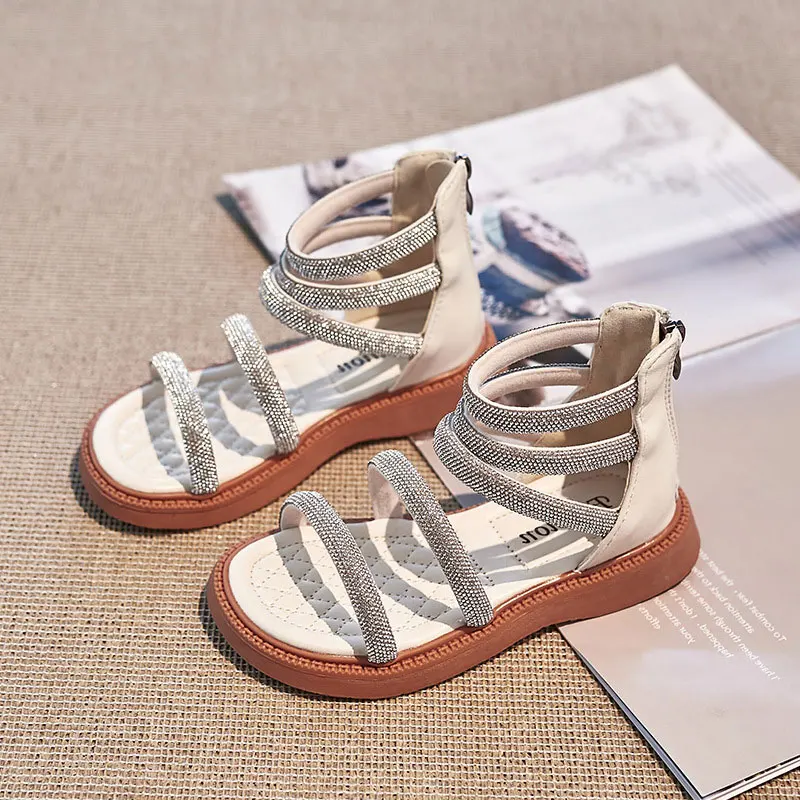 Thin Band Sequin Sandals for Girls Kids Shoes Children's Open Toes Cover Heel Zip Sandal 2025 Summer Girl Shoe Flat 21-37