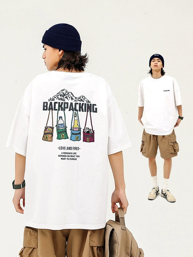 American Vintage Outdoor Style Romantic Backpacker Half-sleeved Short-sleeved T-shirt Mid-sleeved Casual Top Summer