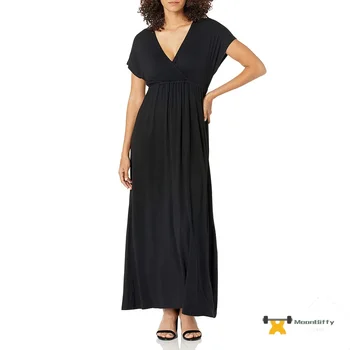 Explosive 2024 Spring Women's Draw-waist Ultra-long Casual Commuter V-neck Short-sleeved Dress