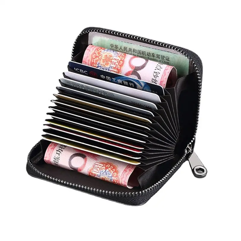 Tarjetero de cuero genuino para hombre y mujer, tarjetero Unisex con bolsillo y cremallera, monedero con cremallera