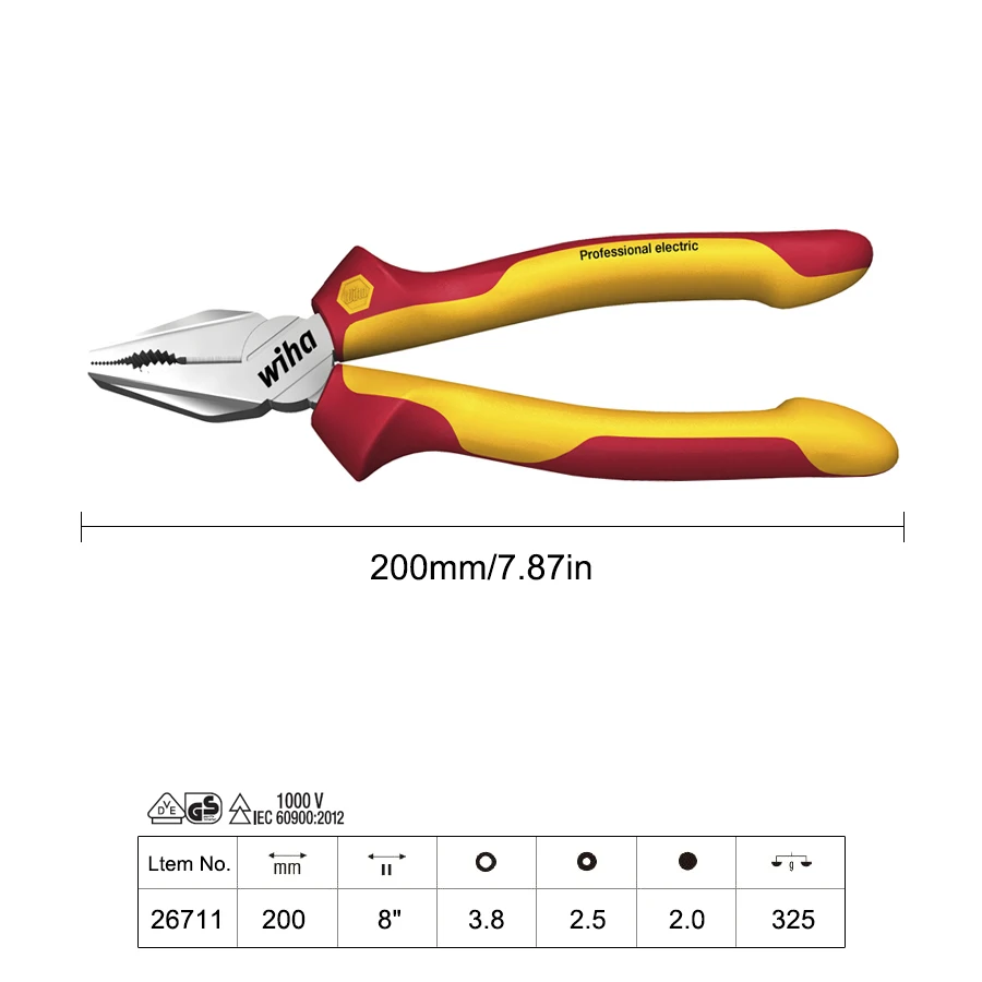 WIHA 26711 VDE-Tested Insulated Combination Plier 1000v with Cutting Edge 200mm Dynamic Joint Gripping Cutters Electrical Plier