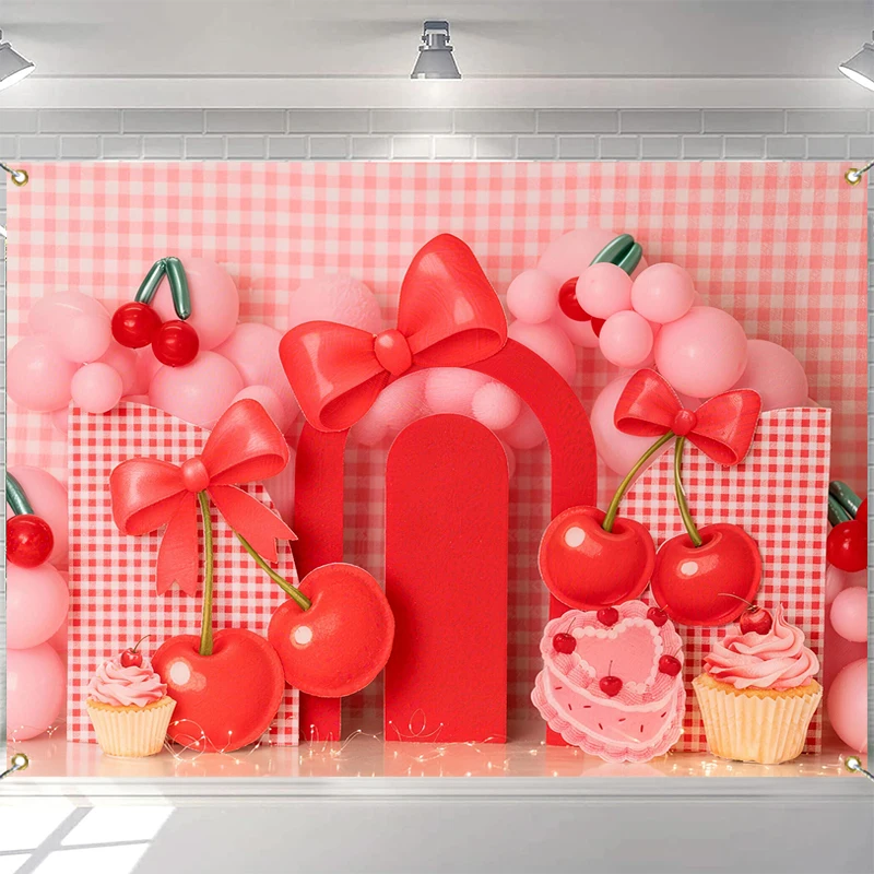 

LS Red cherry Bowknots Arch Balloons Backdrops Kids Baby Girl 1st Birthday Cake Smash Props Child Photocall Backgrounds