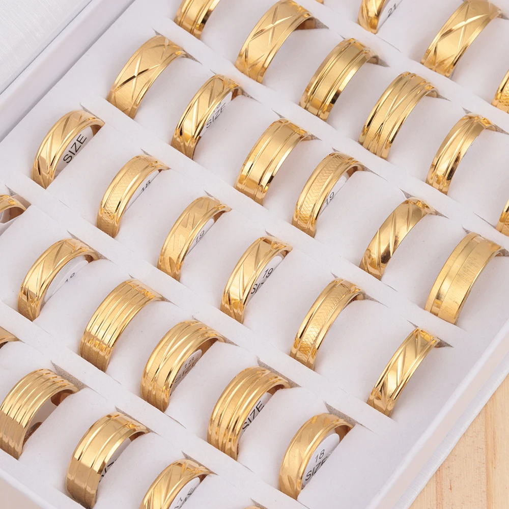 24pcs/lot Fashion Stainless Steel Stripe Gold Color Rings For Men Mix Style Party Gifts Jewelry Wholesale